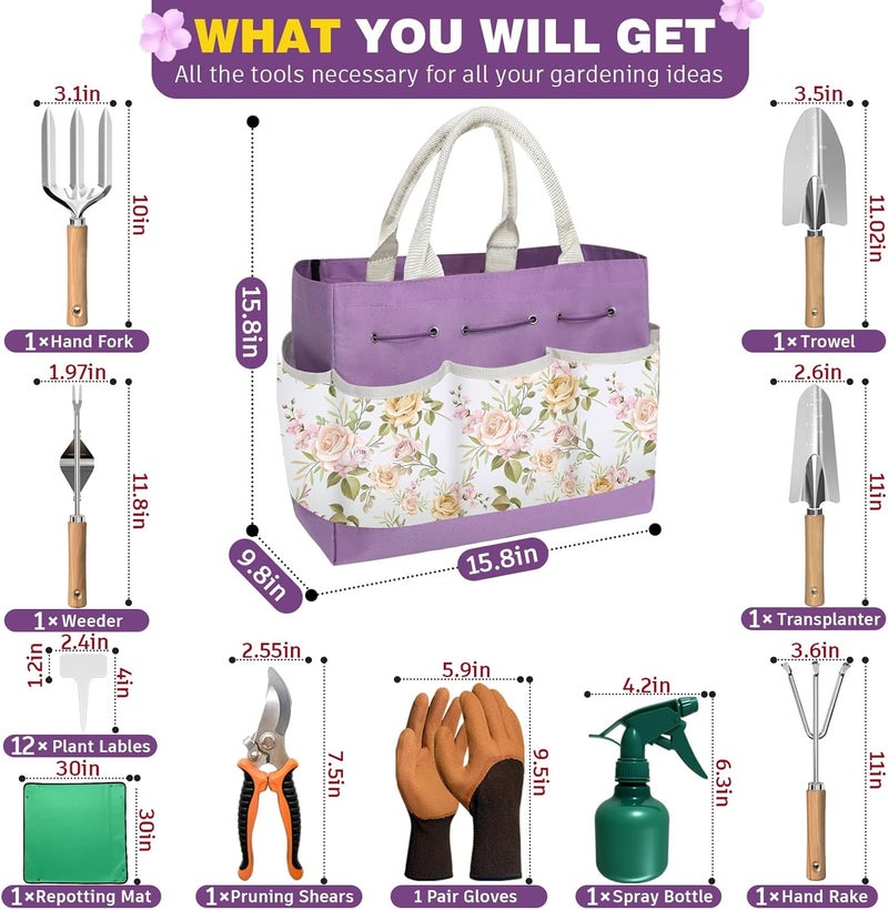 OUREST 22Pcs Gardening Tools Set for Women Heavy Duty Garden Hand Tool Kit Gifts for Mom Gardener Beginner Gardening Accessories with Large Tote Bag/Shovel/Repotting Mat/Plant Labels/Gloves - Image 2